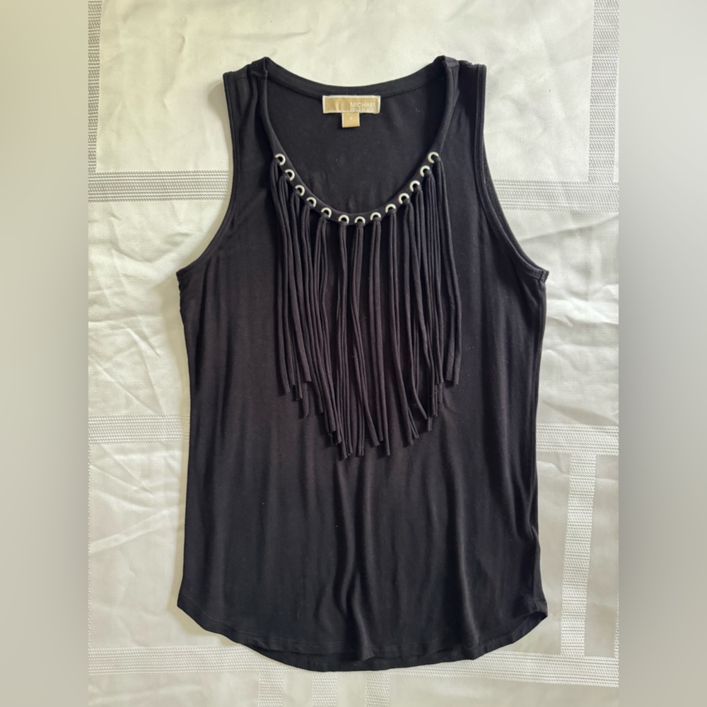 Michael Kors Black Fringe Tank Top with Eyelet Detail